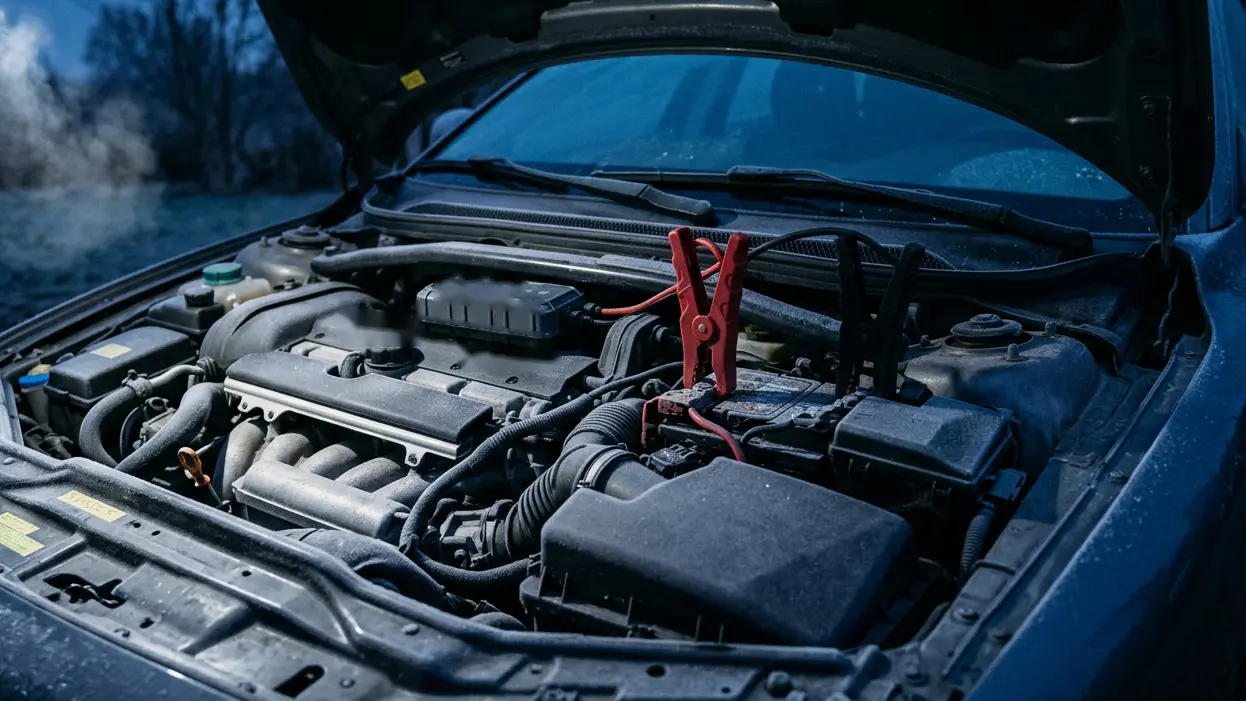 Kable rozruchowe na akumulatorze pod maską w mroźny poranek, diesel nie odpala na mrozie