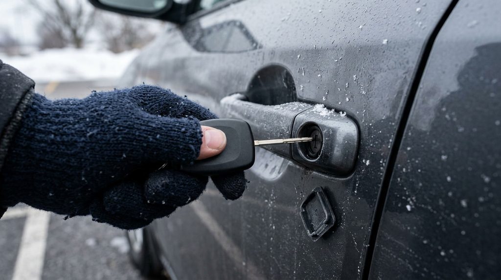 Klucz awaryjny w ukrytym zamku pod zaślepką klamki, zamarznięty zamek w samochodzie z keyless