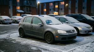 Oszronione auto na osiedlowym parkingu przed świtem, rozgrzewanie silnika zimą