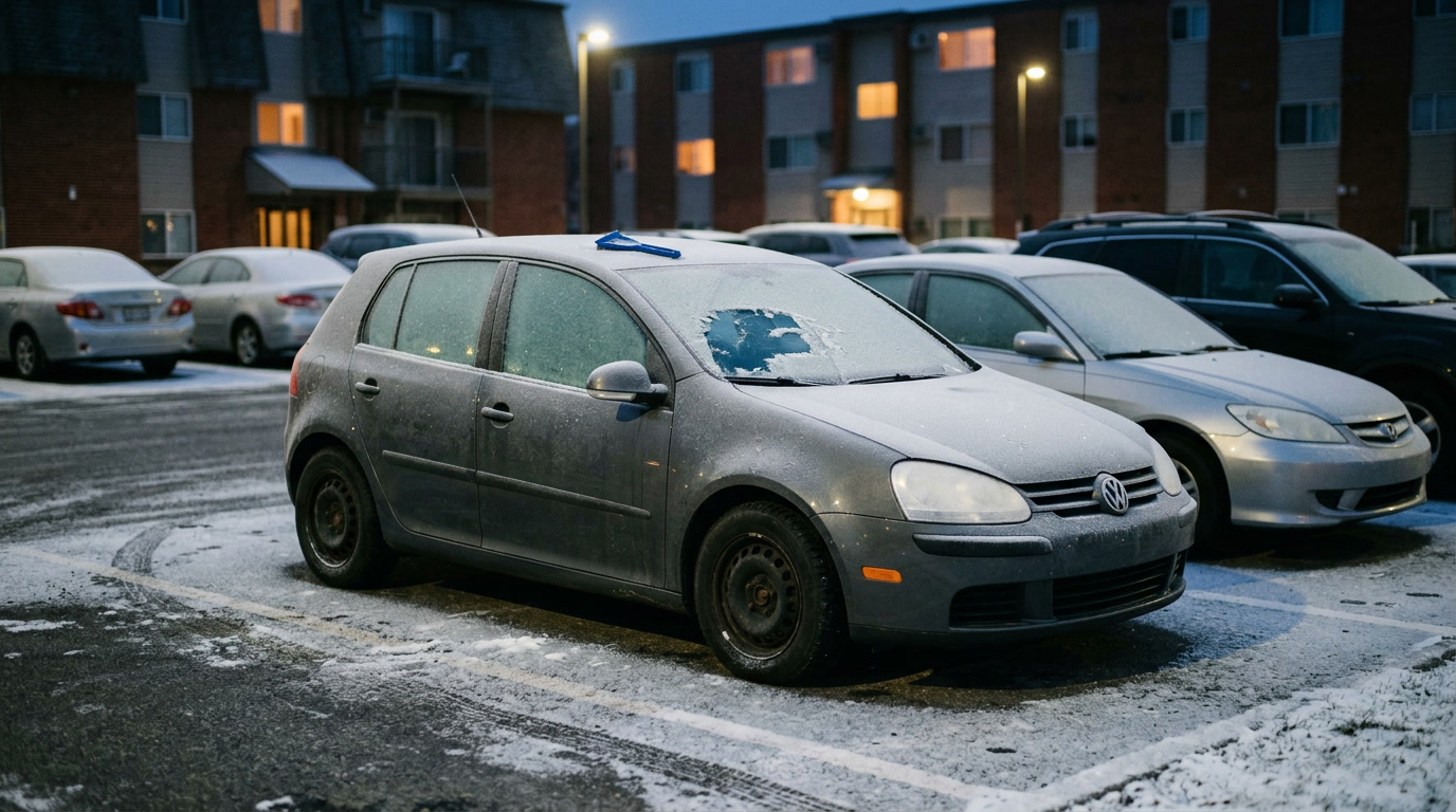 Oszronione auto na osiedlowym parkingu przed świtem, rozgrzewanie silnika zimą