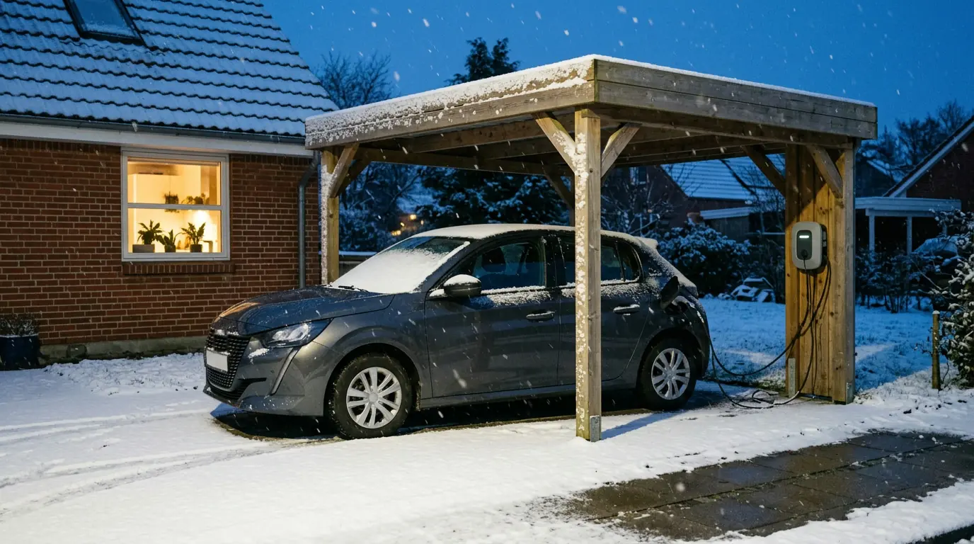 Samochód elektryczny pod drewnianą wiatą z ładowarką ścienną w padającym śniegu, pompa ciepła w samochodzie elektrycznym